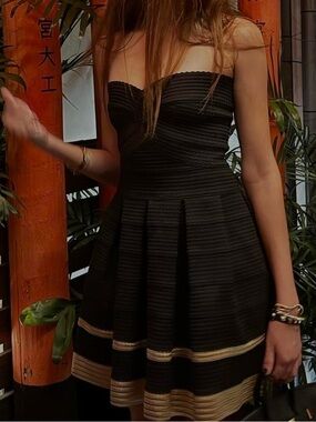 Alythea Black Strapless Fit-and-Flare Dress with Gold Trim